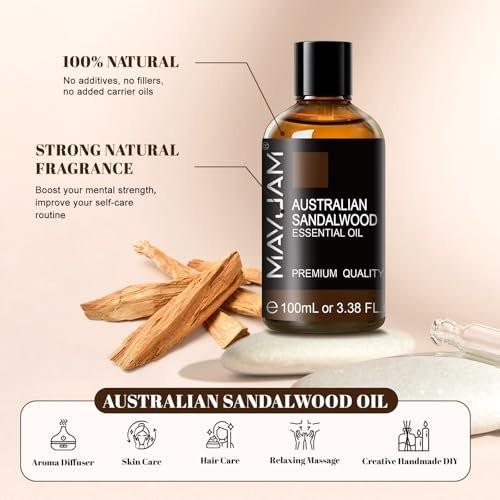 MAYJAM Australisches Sandelholz Ätherisches Öl 100 ml – Reines Sandelholzöl für Massage, Hautpflege, Haarpflege, Diffuser, Kerzen- und Seifenherstellung