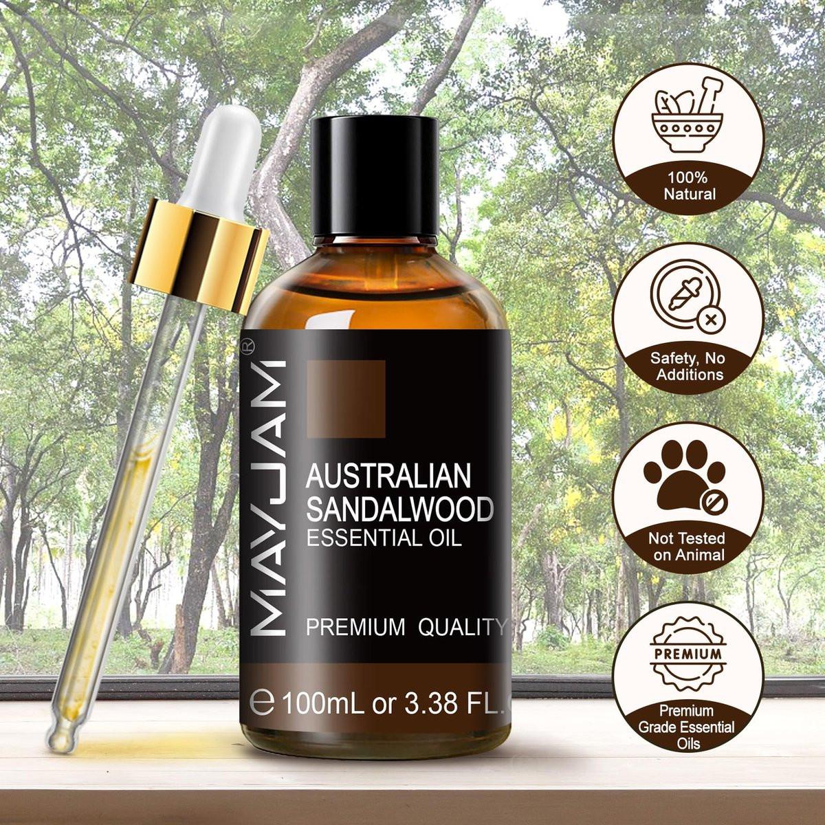 MAYJAM Australisches Sandelholz Ätherisches Öl 100 ml – Reines Sandelholzöl für Massage, Hautpflege, Haarpflege, Diffuser, Kerzen- und Seifenherstellung