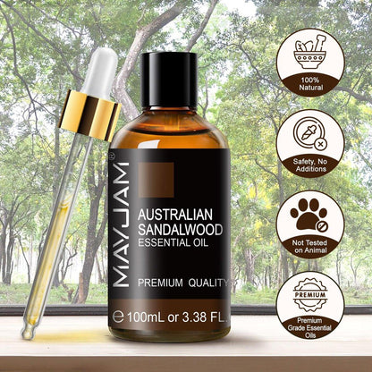 MAYJAM Australisches Sandelholz Ätherisches Öl 100 ml – Reines Sandelholzöl für Massage, Hautpflege, Haarpflege, Diffuser, Kerzen- und Seifenherstellung