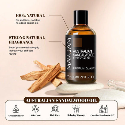 MAYJAM Australisches Sandelholz Ätherisches Öl 100 ml – Reines Sandelholzöl für Massage, Hautpflege, Haarpflege, Diffuser, Kerzen- und Seifenherstellung