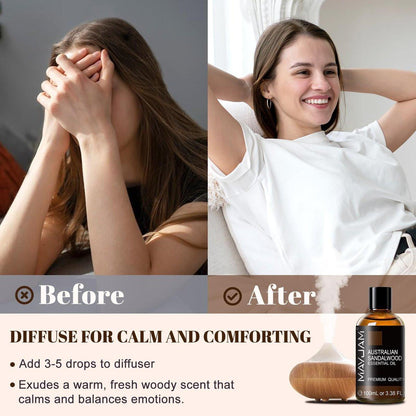 MAYJAM Australisches Sandelholz Ätherisches Öl 100 ml – Reines Sandelholzöl für Massage, Hautpflege, Haarpflege, Diffuser, Kerzen- und Seifenherstellung