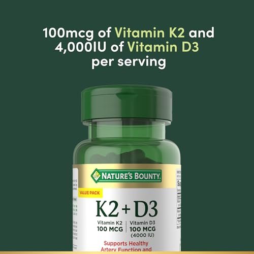 Nature's Bounty Vitamin D3 K2 Nahrungsergänzungsmittel, 4000 IE Vitamin D3 plus 100 mcg Vitamin K für Erwachsene zur Unterstützung der Herz- und Knochengesundheit, 60-Tage-Vorrat, 60 vegetarische Kapseln