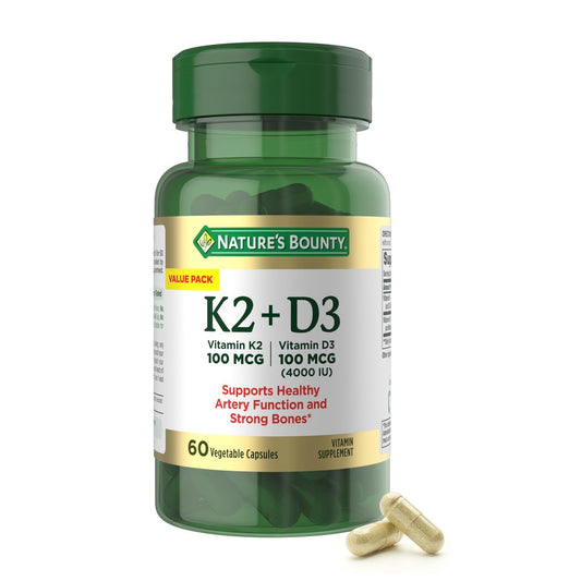 Nature's Bounty Vitamin D3 K2 Nahrungsergänzungsmittel, 4000 IE Vitamin D3 plus 100 mcg Vitamin K für Erwachsene zur Unterstützung der Herz- und Knochengesundheit, 60-Tage-Vorrat, 60 vegetarische Kapseln
