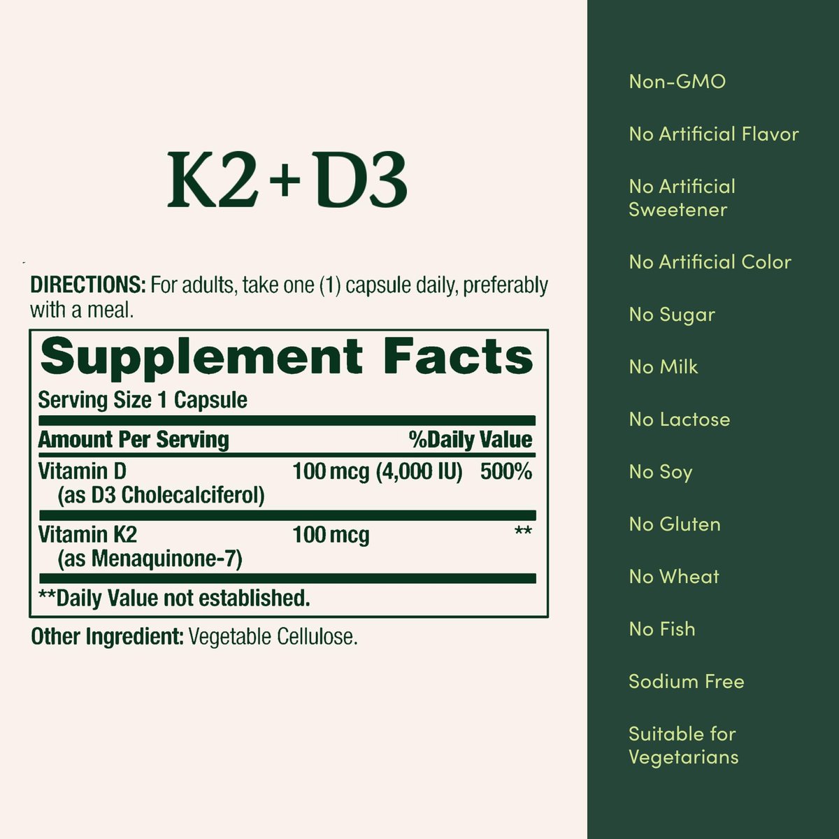 Nature's Bounty Vitamin D3 K2 Nahrungsergänzungsmittel, 4000 IE Vitamin D3 plus 100 mcg Vitamin K für Erwachsene zur Unterstützung der Herz- und Knochengesundheit, 60-Tage-Vorrat, 60 vegetarische Kapseln
