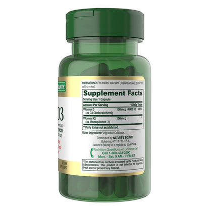Nature's Bounty Vitamin D3 K2 Nahrungsergänzungsmittel, 4000 IE Vitamin D3 plus 100 mcg Vitamin K für Erwachsene zur Unterstützung der Herz- und Knochengesundheit, 60-Tage-Vorrat, 60 vegetarische Kapseln