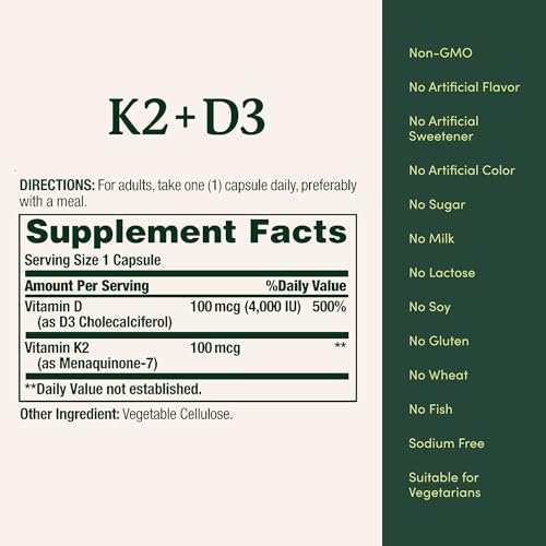 Nature's Bounty Vitamin D3 K2 Nahrungsergänzungsmittel, 4000 IE Vitamin D3 plus 100 mcg Vitamin K für Erwachsene zur Unterstützung der Herz- und Knochengesundheit, 60-Tage-Vorrat, 60 vegetarische Kapseln