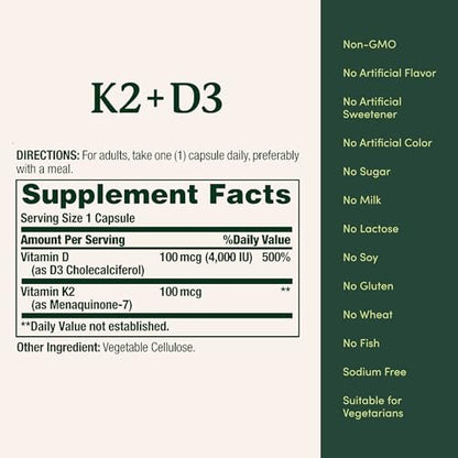 Nature's Bounty Vitamin D3 K2 Nahrungsergänzungsmittel, 4000 IE Vitamin D3 plus 100 mcg Vitamin K für Erwachsene zur Unterstützung der Herz- und Knochengesundheit, 60-Tage-Vorrat, 60 vegetarische Kapseln