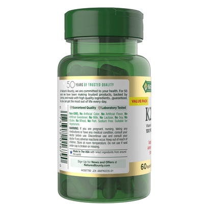 Nature's Bounty Vitamin D3 K2 Nahrungsergänzungsmittel, 4000 IE Vitamin D3 plus 100 mcg Vitamin K für Erwachsene zur Unterstützung der Herz- und Knochengesundheit, 60-Tage-Vorrat, 60 vegetarische Kapseln