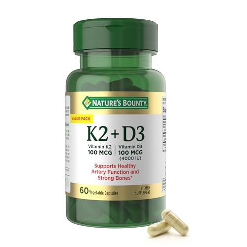 Nature's Bounty Vitamin D3 K2 Nahrungsergänzungsmittel, 4000 IE Vitamin D3 plus 100 mcg Vitamin K für Erwachsene zur Unterstützung der Herz- und Knochengesundheit, 60-Tage-Vorrat, 60 vegetarische Kapseln