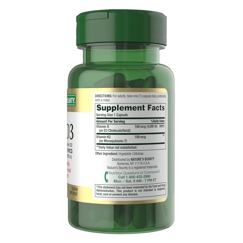 Nature's Bounty Vitamin D3 K2 Nahrungsergänzungsmittel, 4000 IE Vitamin D3 plus 100 mcg Vitamin K für Erwachsene zur Unterstützung der Herz- und Knochengesundheit, 60-Tage-Vorrat, 60 vegetarische Kapseln