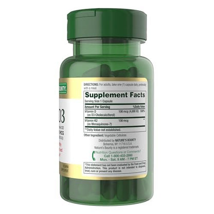 Nature's Bounty Vitamin D3 K2 Nahrungsergänzungsmittel, 4000 IE Vitamin D3 plus 100 mcg Vitamin K für Erwachsene zur Unterstützung der Herz- und Knochengesundheit, 60-Tage-Vorrat, 60 vegetarische Kapseln