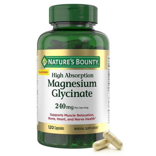 Nature's Bounty Magnesium Glycinat 240 mg – 120 Kapseln für Muskelentspannung, Knochen-, Herz- und Nervengesundheit – Nicht-GVO, glutenfrei, vegetarisch