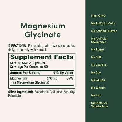 Nature's Bounty Magnesium Glycinat 240 mg – 120 Kapseln für Muskelentspannung, Knochen-, Herz- und Nervengesundheit – Nicht-GVO, glutenfrei, vegetarisch