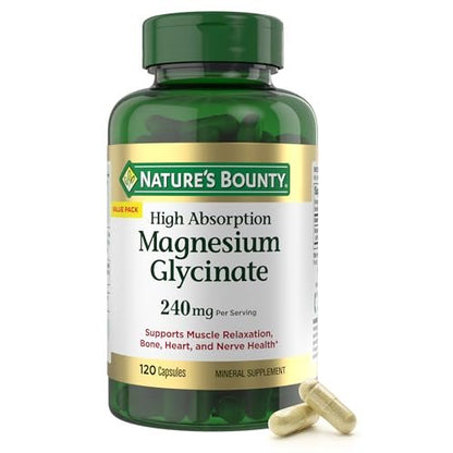 Nature's Bounty Magnesium Glycinat 240 mg – 120 Kapseln für Muskelentspannung, Knochen-, Herz- und Nervengesundheit – Nicht-GVO, glutenfrei, vegetarisch