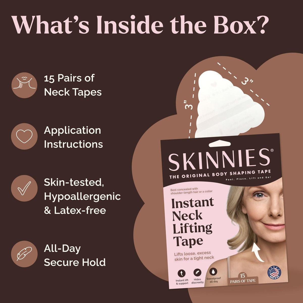 Skinnies Instant Lifts Neck Tape – Patentiert & Hergestellt in den USA – Glättet Linien & Strafft schlaffe Haut für einen jugendlichen Look – Unsichtbar unter den Haaren – 15 Paare