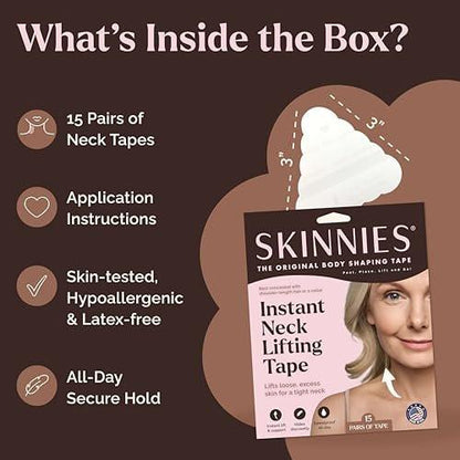 Skinnies Instant Lifts Neck Tape – Patentiert & Hergestellt in den USA – Glättet Linien & Strafft schlaffe Haut für einen jugendlichen Look – Unsichtbar unter den Haaren – 15 Paare