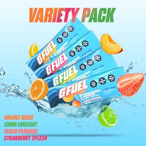 G Fuel Electrolytes Pulver für sofortige Hydration und Fokus | Zuckerfreie Elektrolyte im Sortiment mit Zitrone, Orange, Pfirsich, Erdbeere, Nootropika-Getränkemischungen zur Schärfung der geistigen Konzentration, 12 Portionen