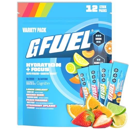 G Fuel Electrolytes Pulver für sofortige Hydration und Fokus | Zuckerfreie Elektrolyte im Sortiment mit Zitrone, Orange, Pfirsich, Erdbeere, Nootropika-Getränkemischungen zur Schärfung der geistigen Konzentration, 12 Portionen
