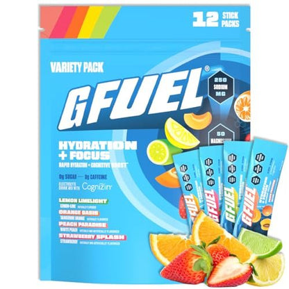 G Fuel Electrolytes Pulver für sofortige Hydration und Fokus | Zuckerfreie Elektrolyte im Sortiment mit Zitrone, Orange, Pfirsich, Erdbeere, Nootropika-Getränkemischungen zur Schärfung der geistigen Konzentration, 12 Portionen