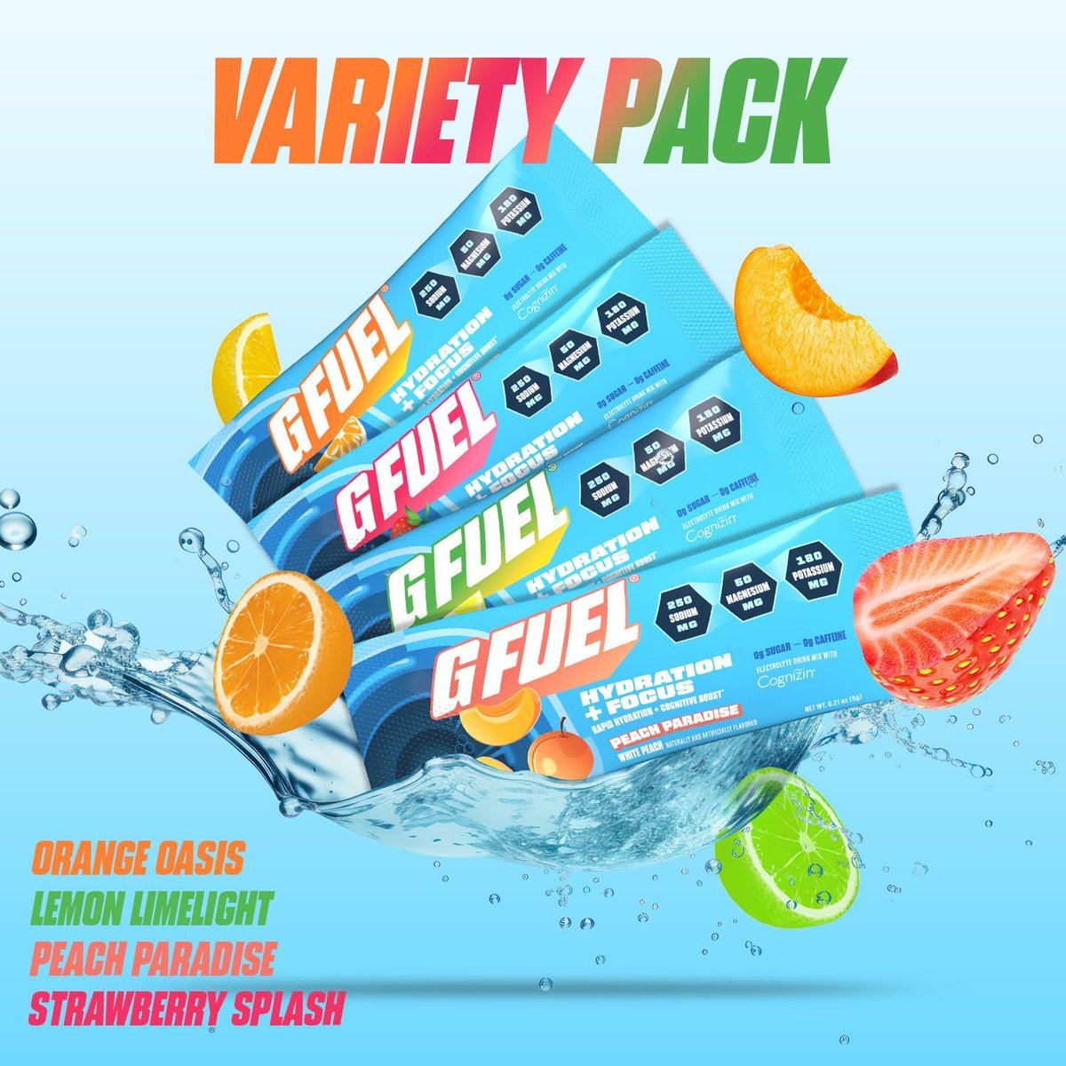 G Fuel Electrolytes Pulver für sofortige Hydration und Fokus | Zuckerfreie Elektrolyte im Sortiment mit Zitrone, Orange, Pfirsich, Erdbeere, Nootropika-Getränkemischungen zur Schärfung der geistigen Konzentration, 12 Portionen