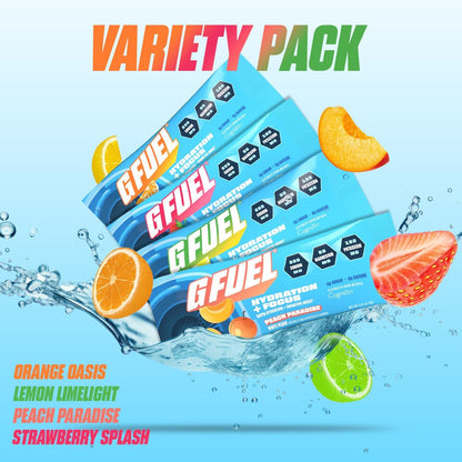 G Fuel Electrolytes Pulver für sofortige Hydration und Fokus | Zuckerfreie Elektrolyte im Sortiment mit Zitrone, Orange, Pfirsich, Erdbeere, Nootropika-Getränkemischungen zur Schärfung der geistigen Konzentration, 12 Portionen