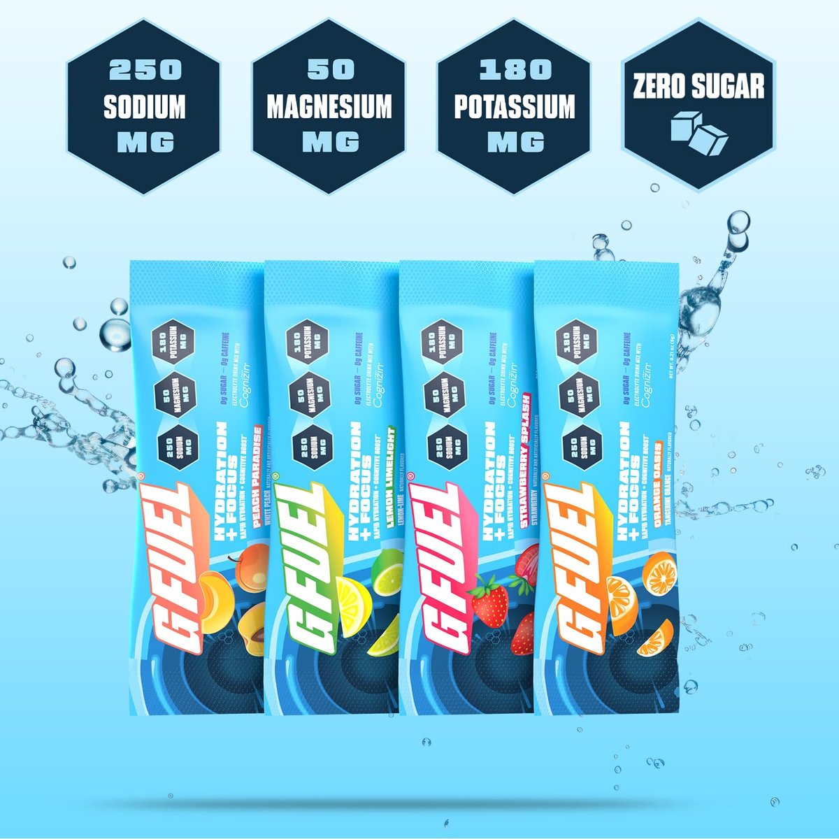 G Fuel Electrolytes Pulver für sofortige Hydration und Fokus | Zuckerfreie Elektrolyte im Sortiment mit Zitrone, Orange, Pfirsich, Erdbeere, Nootropika-Getränkemischungen zur Schärfung der geistigen Konzentration, 12 Portionen