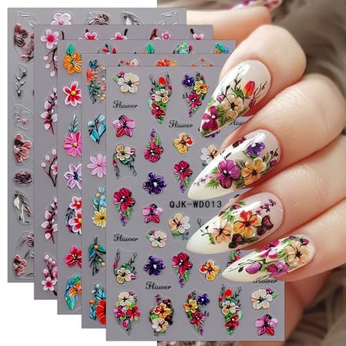 JMEOWIO 6 Blätter Blumen-Nagelaufkleber – Selbstklebende Frühlings-Sommer-Floral-Nageldesigns