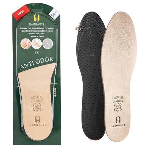 HANDARTE Leder Anti-Geruch Einlegesohlen | Zuschneidbare Geruchsstopper Herren | Schuhdeo - Geruchseliminator für Schuhe - 100% natürliches Ziegenleder & Anti-Schweiß - Geeignet für Sockenlos (Groß)