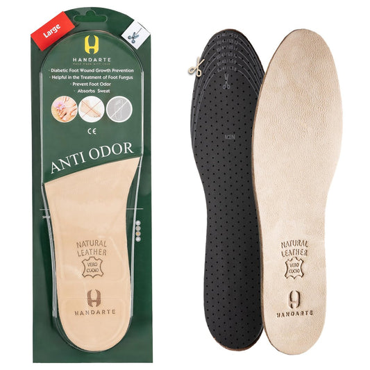 HANDARTE Leder Anti-Geruch Einlegesohlen | Zuschneidbare Geruchsstopper Herren | Schuhdeo - Geruchseliminator für Schuhe - 100% natürliches Ziegenleder & Anti-Schweiß - Geeignet für Sockenlos (Groß)
