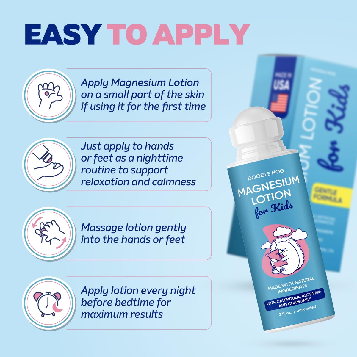 DOODLE HOG Magnesium Lotion für Kinder – mit Calendula, Aloe Vera und Kamille – Magnesiumlotion für besseren Schlaf – Hergestellt in den USA – Roll-On-Applikation – 3 fl oz (89 ml)