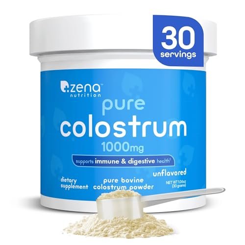 Zena Nutrition Bovines Kolostrum Pulver, 1000 mg reines Kolostrum, unterstützt Immun- und Verdauungsgesundheit, fördert die Darmgesundheit, Keto, glutenfrei, fettfrei, grasgefüttert, unaromatisiert, 30 Portionen