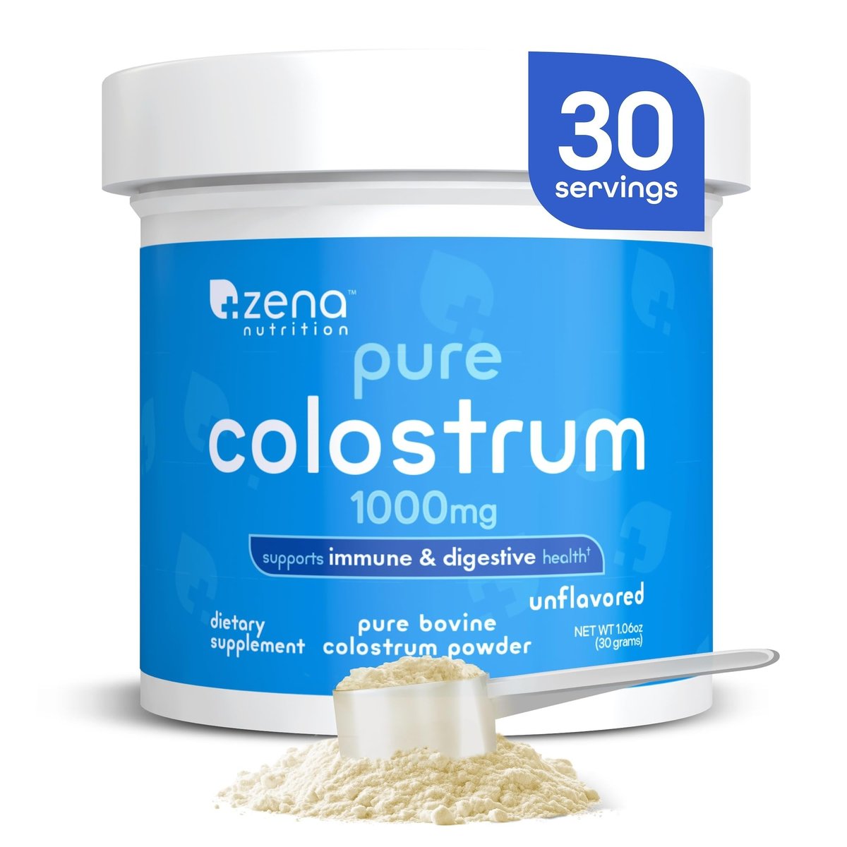 Zena Nutrition Bovines Kolostrum Pulver, 1000 mg reines Kolostrum, unterstützt Immun- und Verdauungsgesundheit, fördert die Darmgesundheit, Keto, glutenfrei, fettfrei, grasgefüttert, unaromatisiert, 30 Portionen