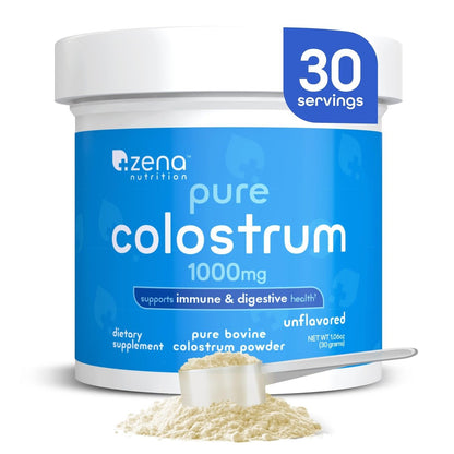 Zena Nutrition Bovines Kolostrum Pulver, 1000 mg reines Kolostrum, unterstützt Immun- und Verdauungsgesundheit, fördert die Darmgesundheit, Keto, glutenfrei, fettfrei, grasgefüttert, unaromatisiert, 30 Portionen
