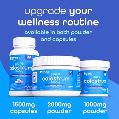 Zena Nutrition Bovines Kolostrum Pulver, 1000 mg reines Kolostrum, unterstützt Immun- und Verdauungsgesundheit, fördert die Darmgesundheit, Keto, glutenfrei, fettfrei, grasgefüttert, unaromatisiert, 30 Portionen
