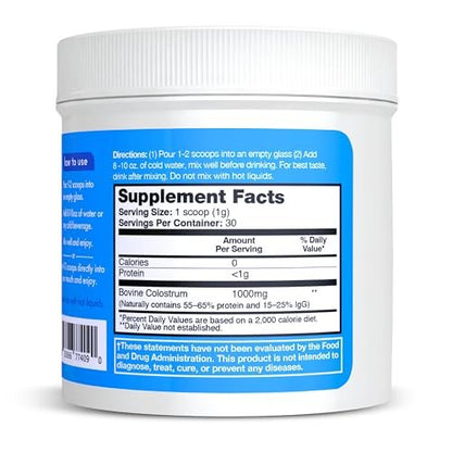 Zena Nutrition Bovines Kolostrum Pulver, 1000 mg reines Kolostrum, unterstützt Immun- und Verdauungsgesundheit, fördert die Darmgesundheit, Keto, glutenfrei, fettfrei, grasgefüttert, unaromatisiert, 30 Portionen