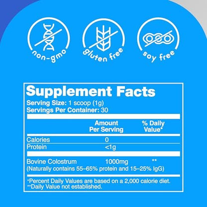 Zena Nutrition Bovines Kolostrum Pulver, 1000 mg reines Kolostrum, unterstützt Immun- und Verdauungsgesundheit, fördert die Darmgesundheit, Keto, glutenfrei, fettfrei, grasgefüttert, unaromatisiert, 30 Portionen
