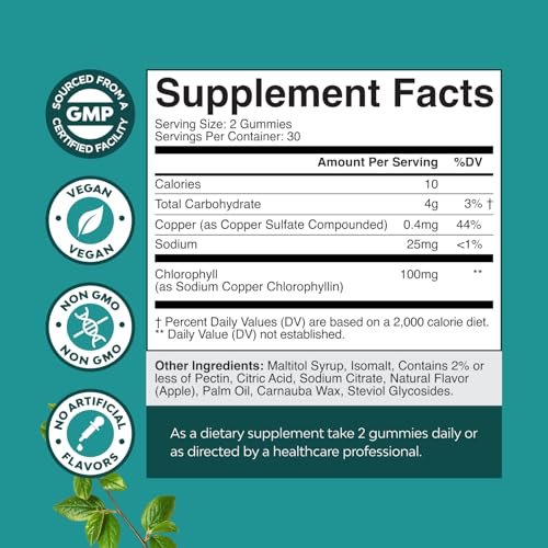 Chlorophyll Gummies für Reinigung & Entgiftung - Hochwirksamer interner Deodorant für Körpergeruch, gesunde Haut, Immunsystem & Verdauung - Vegan, Non-GMO & Glutenfrei - 60 Stück
