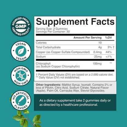 Chlorophyll Gummies für Reinigung & Entgiftung - Hochwirksamer interner Deodorant für Körpergeruch, gesunde Haut, Immunsystem & Verdauung - Vegan, Non-GMO & Glutenfrei - 60 Stück