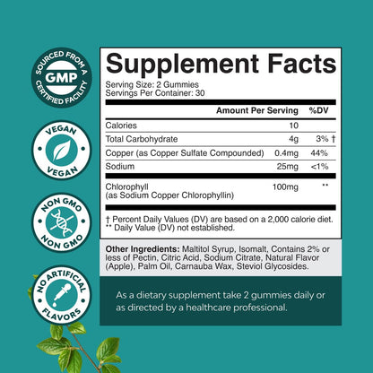 Chlorophyll Gummies für Reinigung & Entgiftung - Hochwirksamer interner Deodorant für Körpergeruch, gesunde Haut, Immunsystem & Verdauung - Vegan, Non-GMO & Glutenfrei - 60 Stück