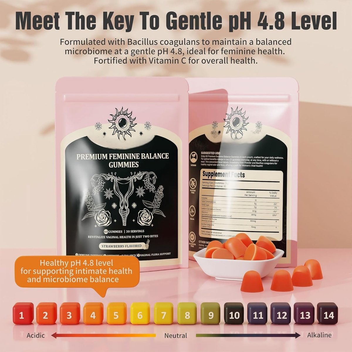 NIUSISE Feminine Balance Gummies – Premium Balance Supplement für die Frauengesundheit, Immun- & Energieunterstützung, Vegan, Glutenfrei, Erdbeergeschmack, 60 Gummis (30 Portionen)