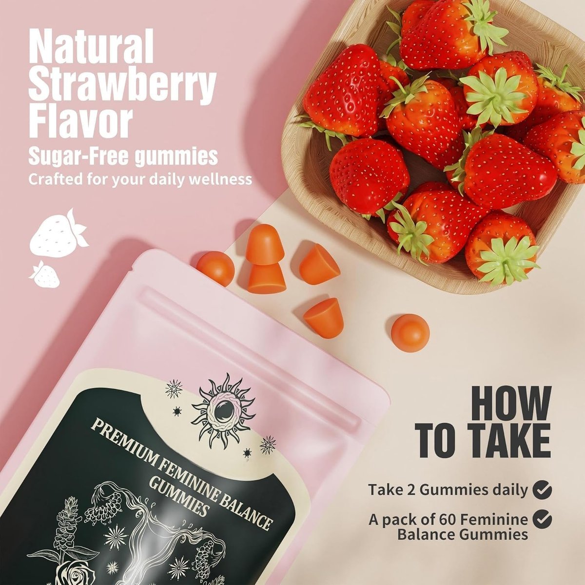 NIUSISE Feminine Balance Gummies – Premium Balance Supplement für die Frauengesundheit, Immun- & Energieunterstützung, Vegan, Glutenfrei, Erdbeergeschmack, 60 Gummis (30 Portionen)