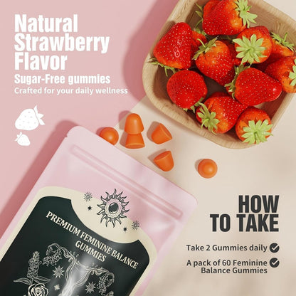 NIUSISE Feminine Balance Gummies – Premium Balance Supplement für die Frauengesundheit, Immun- & Energieunterstützung, Vegan, Glutenfrei, Erdbeergeschmack, 60 Gummis (30 Portionen)