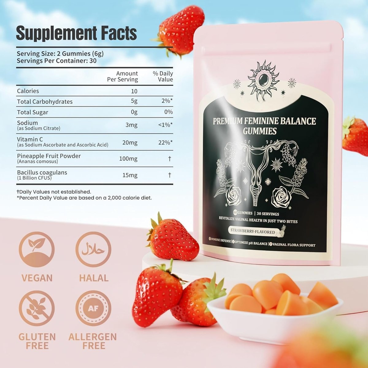 NIUSISE Feminine Balance Gummies – Premium Balance Supplement für die Frauengesundheit, Immun- & Energieunterstützung, Vegan, Glutenfrei, Erdbeergeschmack, 60 Gummis (30 Portionen)