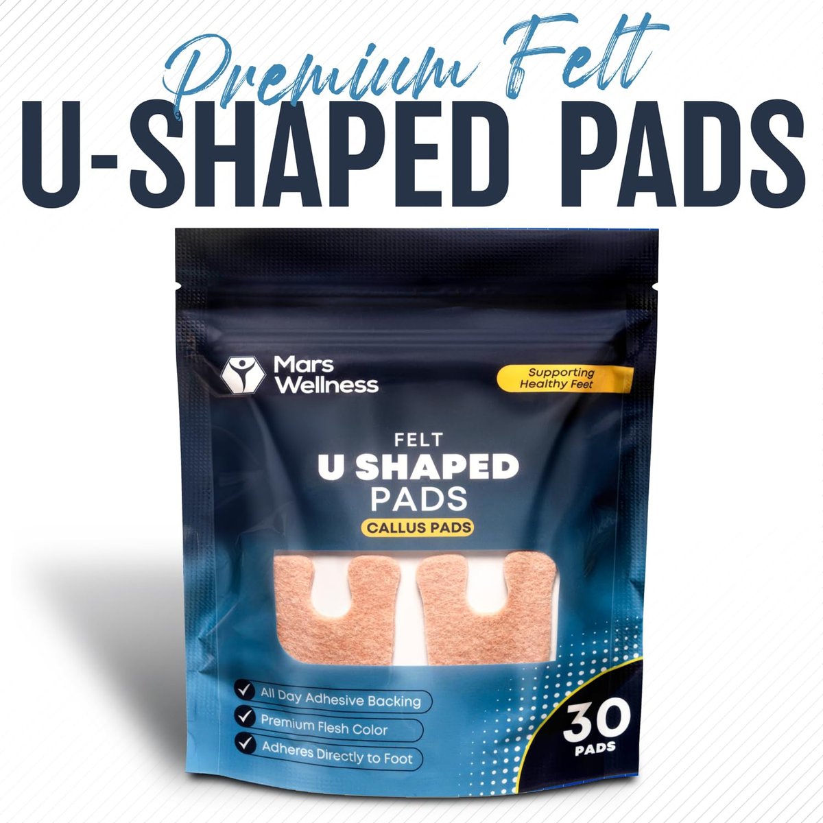 Mars Wellness U-förmige Hornhautpads für Füße, 1/4 Zoll dick, hautfarben, 30 Stück mit Kleberücken – Hornhautentferner für Füße, Hornhautpolster