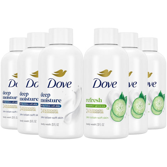 Dove Duschgel Reisegröße Variety 6er-Pack – Erfrischend Gurke und Grüner Tee + Tiefenfeuchtigkeit, 24-Stunden Erneuernde Feuchtigkeitsversorgung für Weiche Haut, Je 89 ml