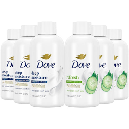 Dove Duschgel Reisegröße Variety 6er-Pack – Erfrischend Gurke und Grüner Tee + Tiefenfeuchtigkeit, 24-Stunden Erneuernde Feuchtigkeitsversorgung für Weiche Haut, Je 89 ml