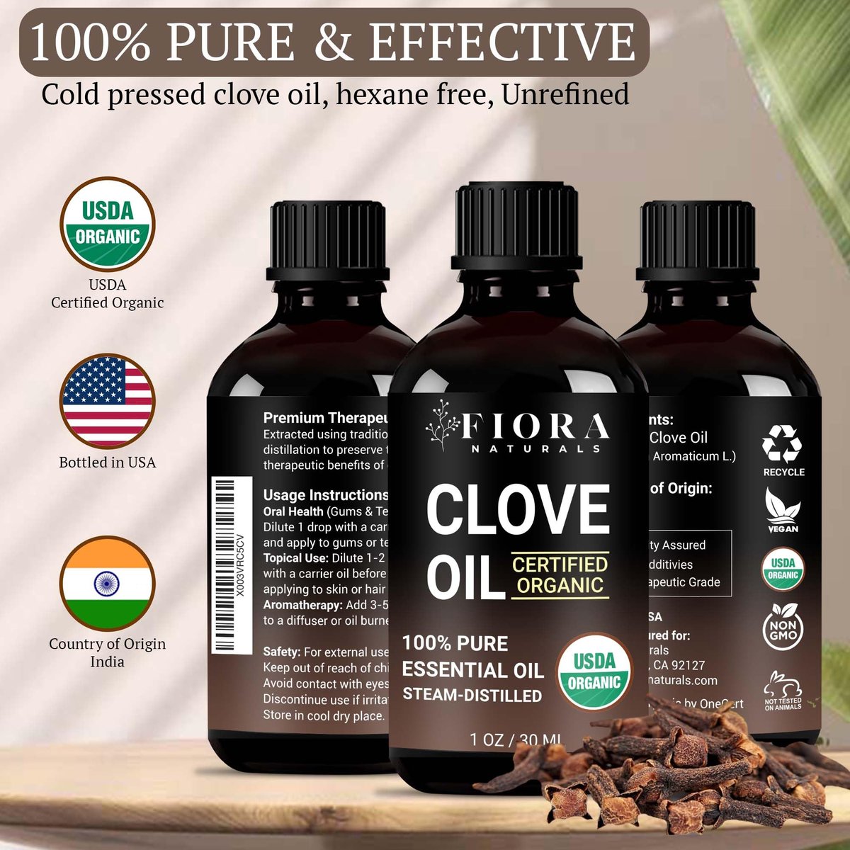 Bio Nelkenöl – 100% reines, USDA-zertifiziertes Nelkenknospenöl für Zähne & Zahnfleisch, Zahnschmerzlinderung, Haarwachstum & Aromatherapie – Premium Nelkenöl für DIY Wellness von Fiora Naturals