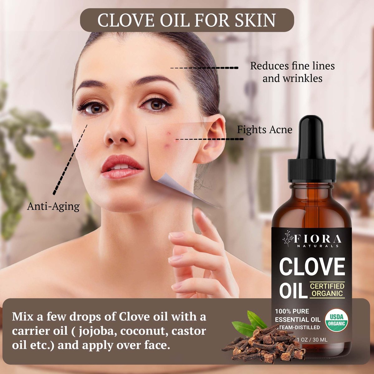Bio Nelkenöl – 100% reines, USDA-zertifiziertes Nelkenknospenöl für Zähne & Zahnfleisch, Zahnschmerzlinderung, Haarwachstum & Aromatherapie – Premium Nelkenöl für DIY Wellness von Fiora Naturals