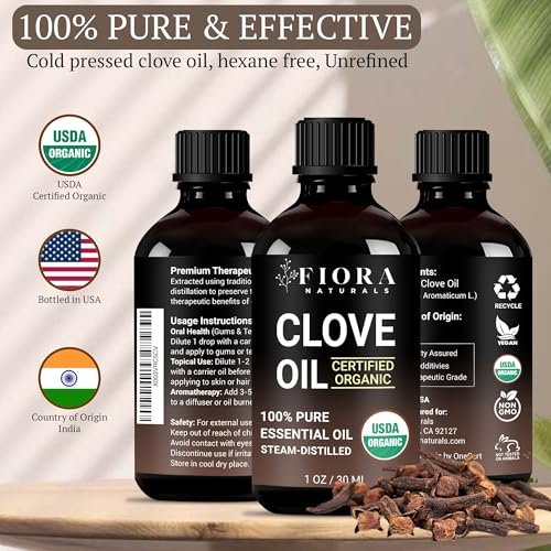 Bio Nelkenöl – 100% reines, USDA-zertifiziertes Nelkenknospenöl für Zähne & Zahnfleisch, Zahnschmerzlinderung, Haarwachstum & Aromatherapie – Premium Nelkenöl für DIY Wellness von Fiora Naturals