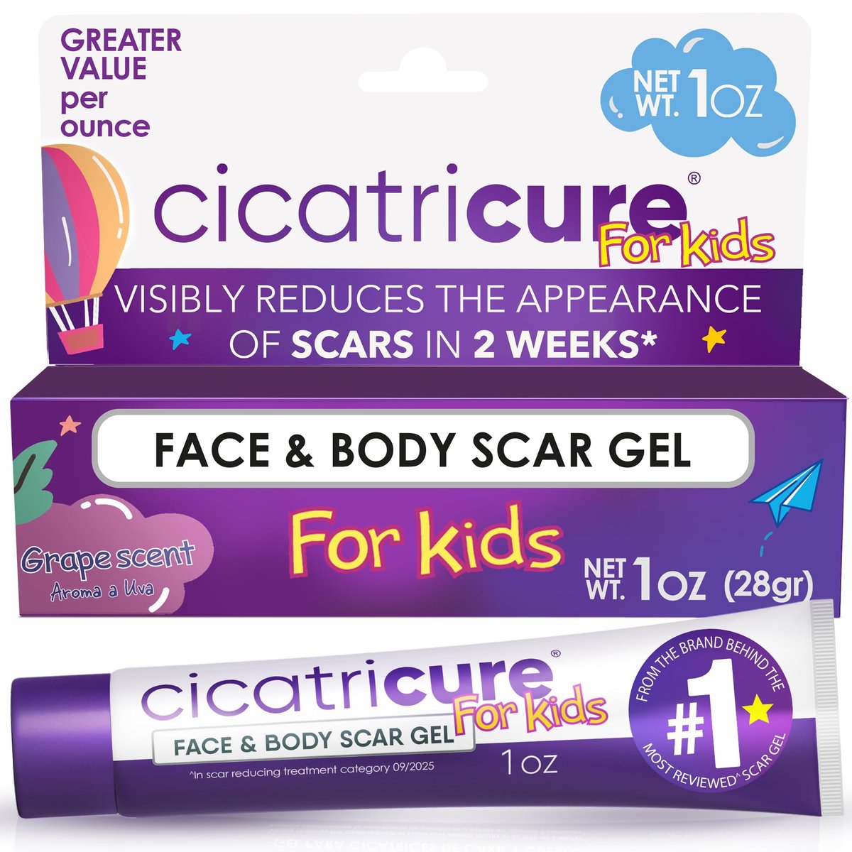 Cicatricure Advanced Scar Gel für Kinder – Sanfte Formel zur Verbesserung des Narbenbildes, glättet und pflegt die Haut, für Gesicht und Körper, Traubenduft, 28 g